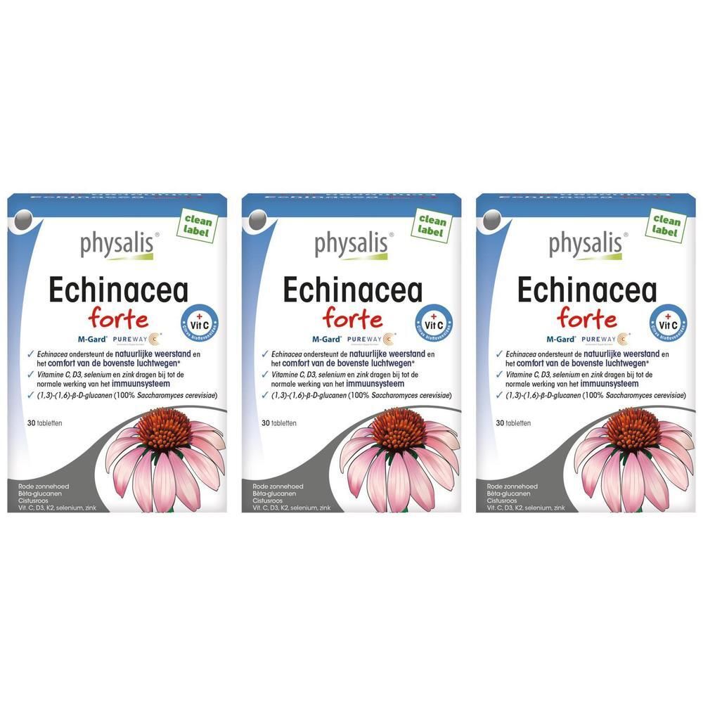 Drie dozen Physalis Echinacea Forte. Op elke doos staat de productnaam en een afbeelding van een bloem.