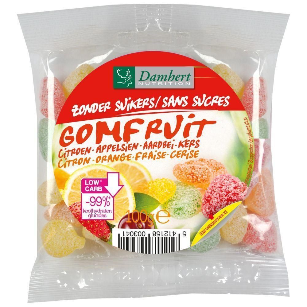 Sachet de bonbons aux fruits. Inscription: Damhert Nutrition, Zonder Suikers/Sans Sucres, Gomfruit. Saveurs: citron, orange, fraise, cerise.