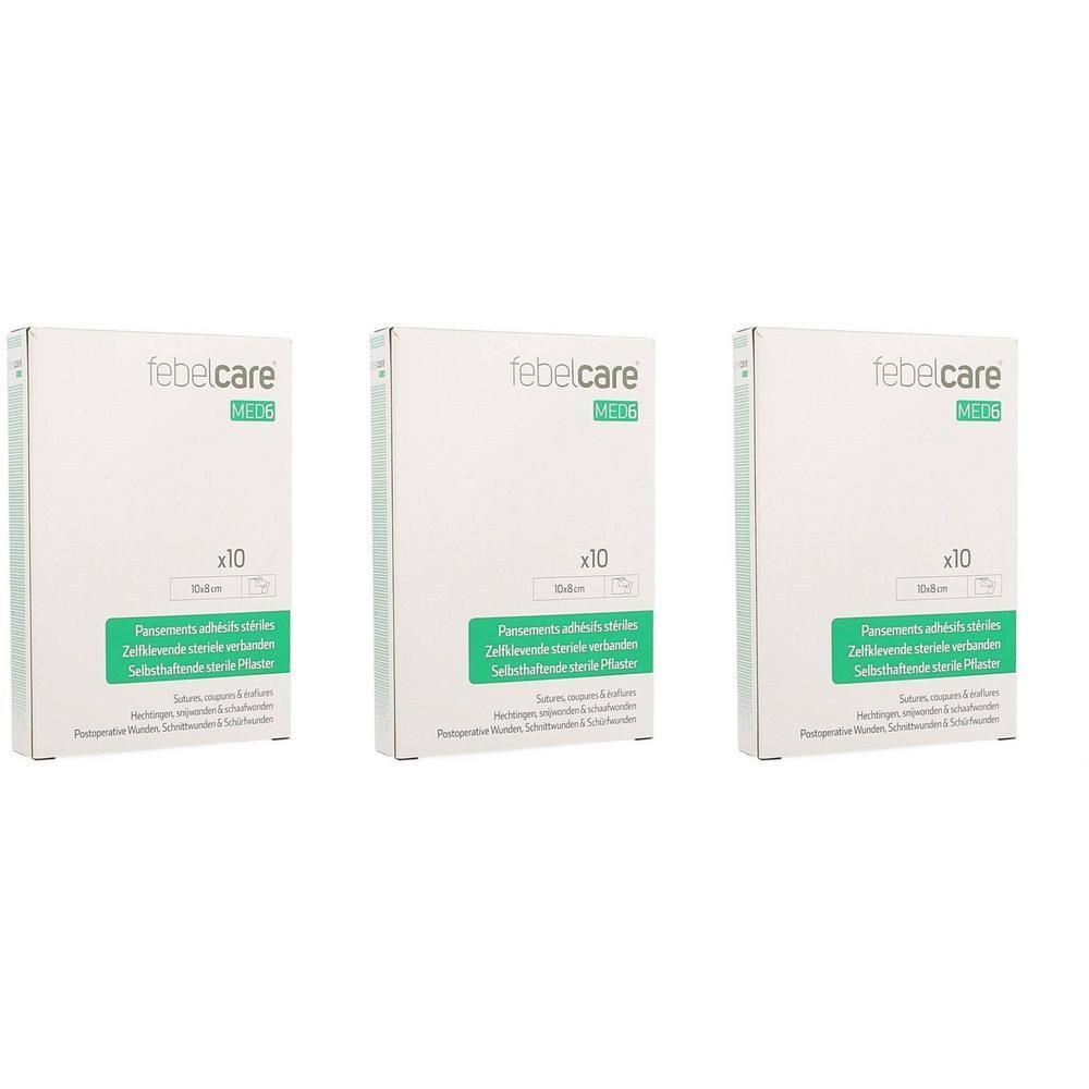 Trois boîtes Febelcare MED6. Emballage blanc avec bande verte et texte. Inscription: x10. Pansements.