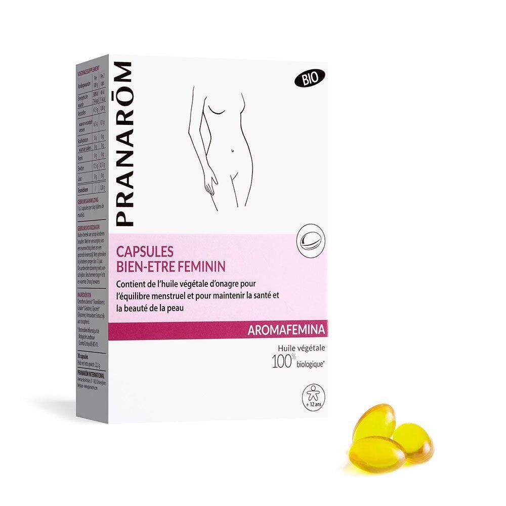 Verpakking met capsules. Opschrift: CAPSULES BIEN-ETRE FEMININ. Met bio-label. Drie gele capsules ernaast.