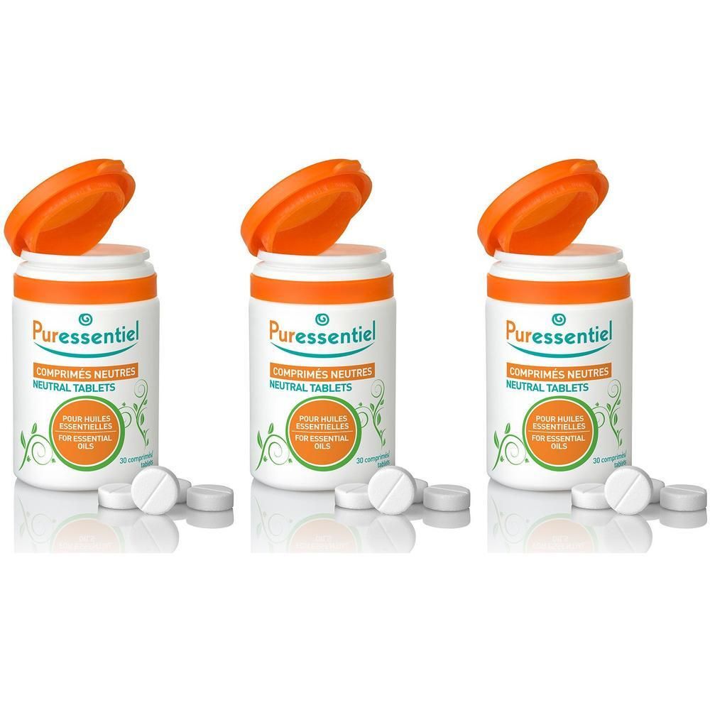 Trois flacons blancs avec couvercles orange. Inscription : Puressentiel, COMPRIMES NEUTRES, NEUTRAL TABLETS. Comprimés blancs.