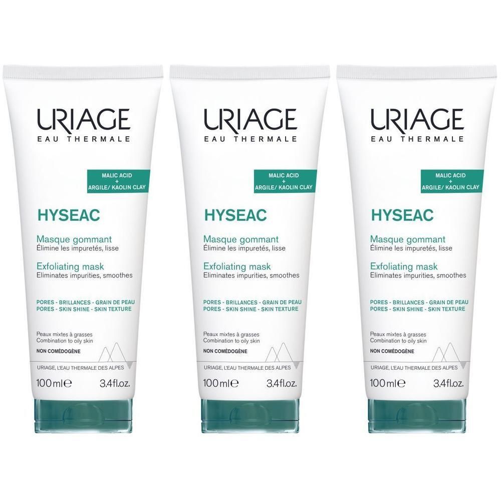 Trois tubes de Uriage Hyséac Masque Gommant. Tubes blancs avec des accents verts. Texte : Hyséac, Exfoliating mask, 100ml.