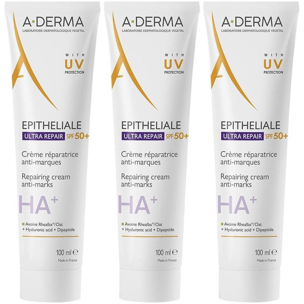 Drie tubes A-Derma Epitheliale Ultra Repair Crème. Wit, met tekst en logo. SPF50+.