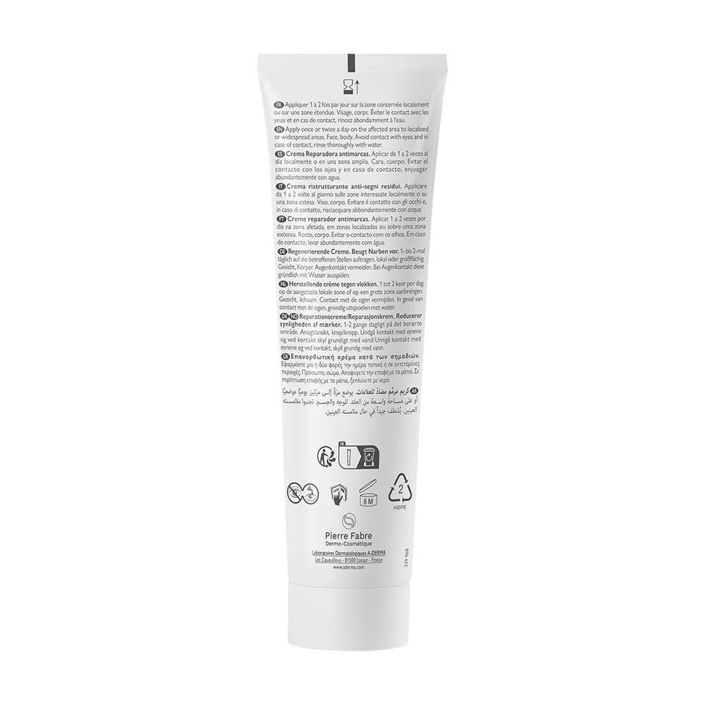 Achterkant van een tube A-Derma Epitheliale Ultra Repair Crème. Meertalige tekst.