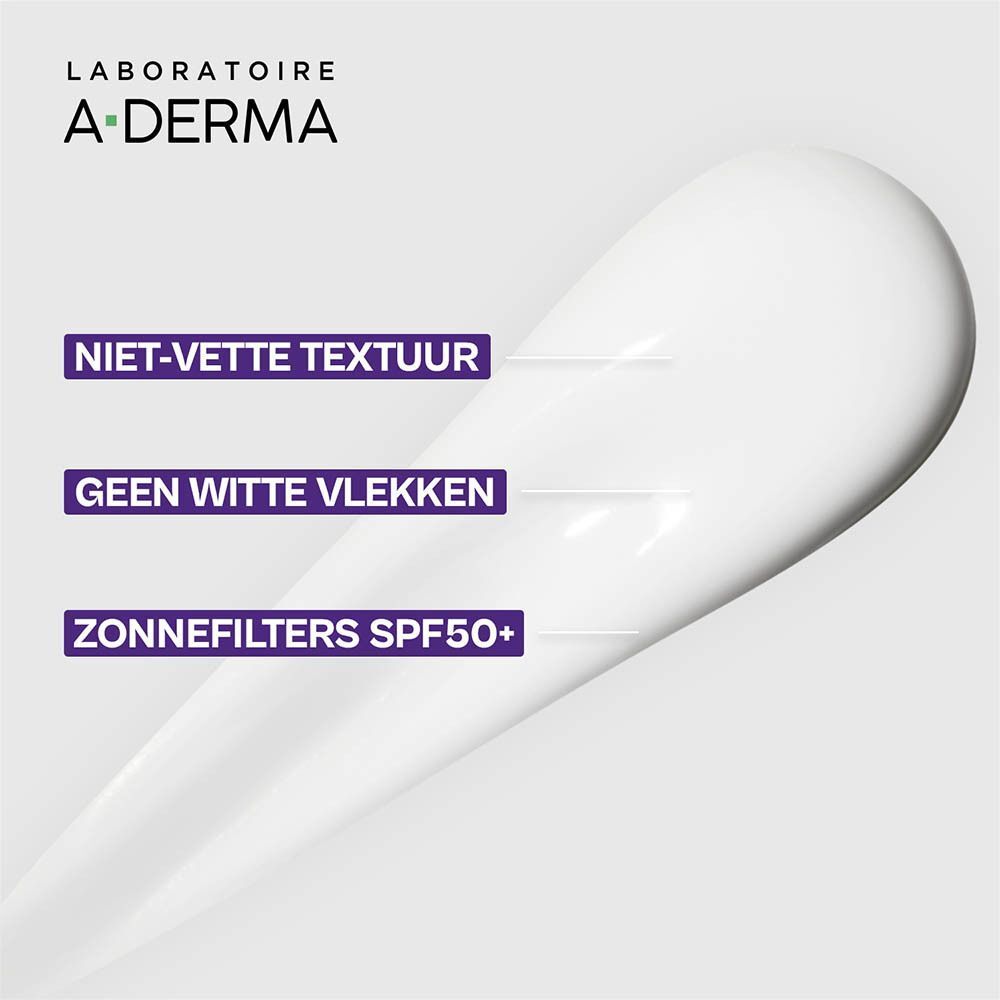Witte crèmevlek. Tekst: Niet-vette textuur, geen witte vlekken, SPF50+ zonnefilters.