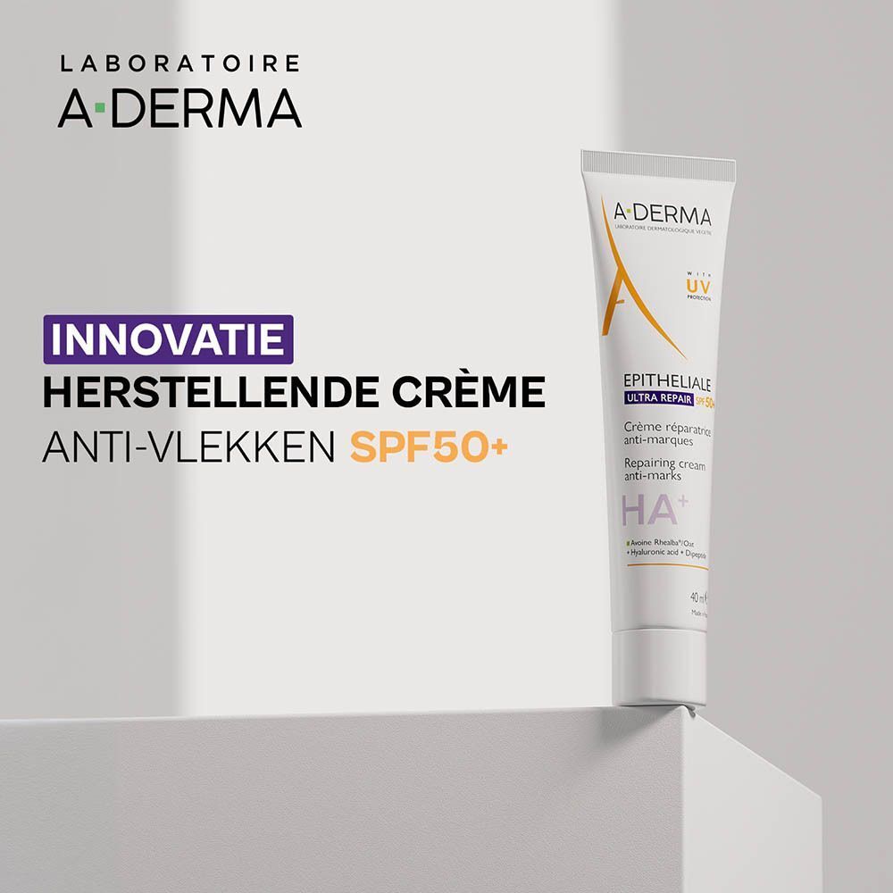 Tube A-Derma Epitheliale Ultra Repair Crème. Tekst: Innovatie, anti-vlekken SPF50+.