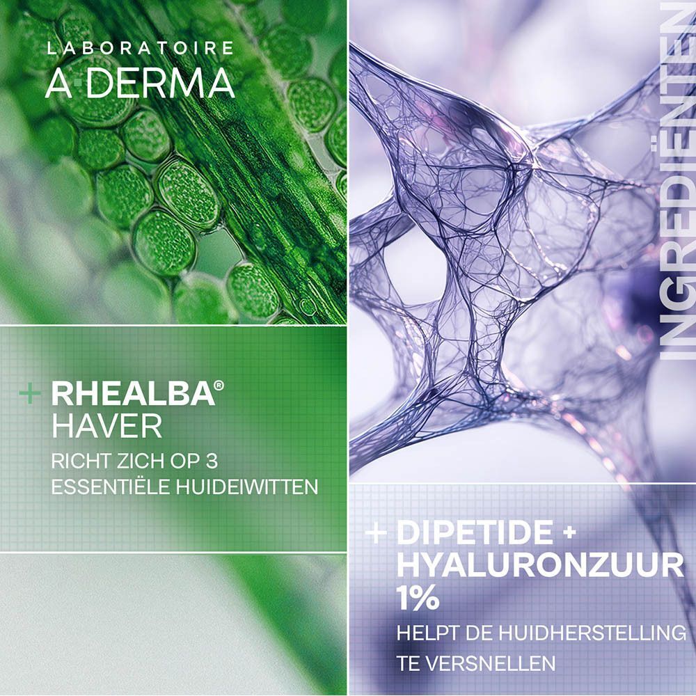 Close-up van ingrediënten. Tekst: Rhealba Haver, Dipeptide + Hyaluronzuur 1%.
