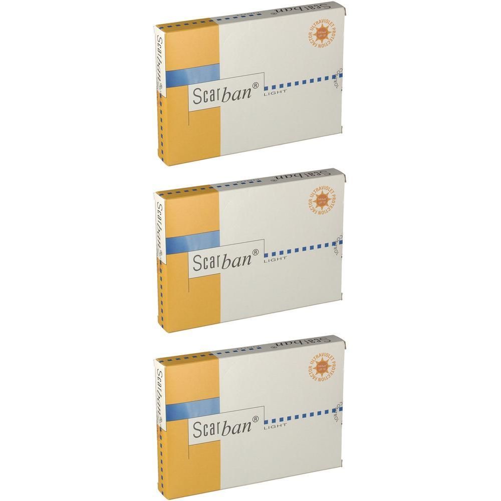 Trois boîtes de Scarban Light Silicone Sheet. Emballage blanc avec bande bleue et texte. Côtés orange.