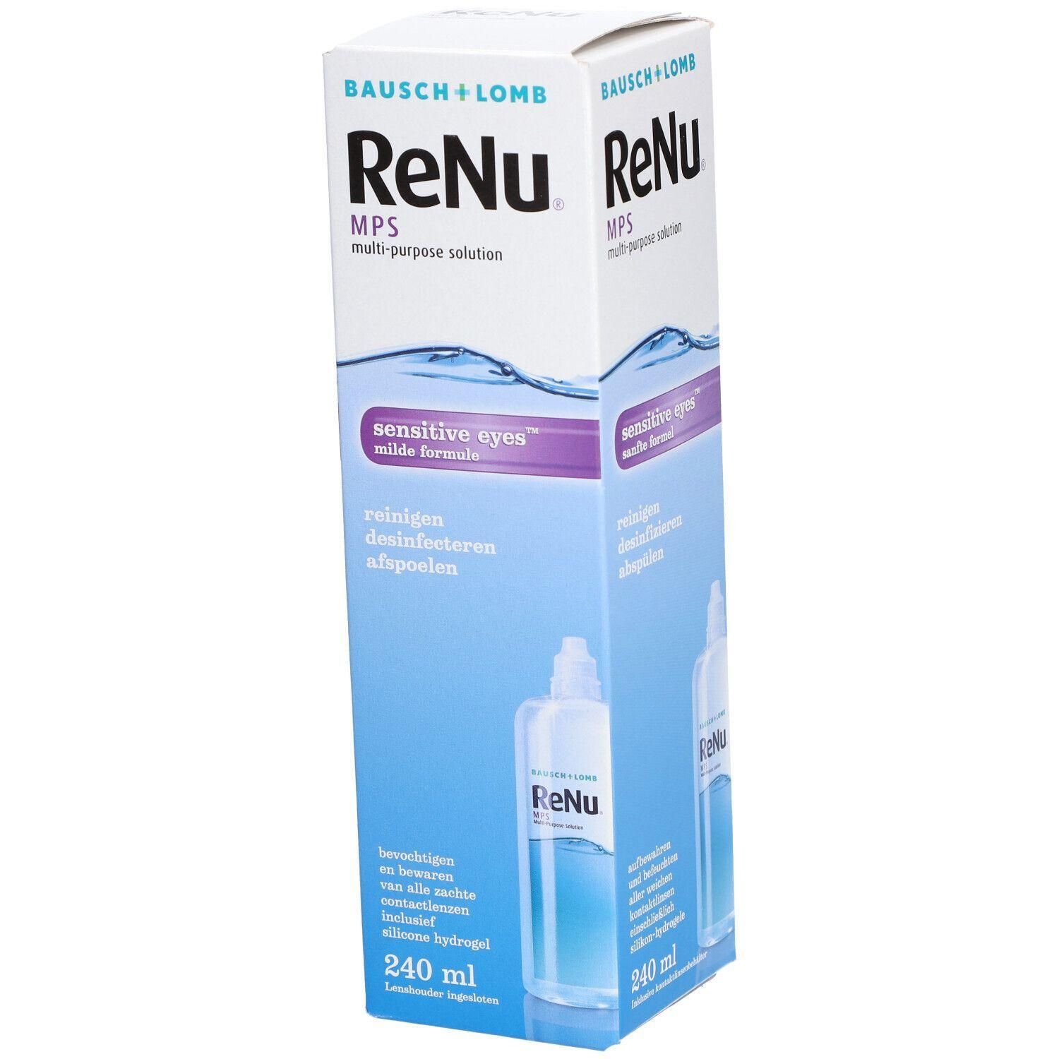 Boîte de ReNu MPS, solution multi-usages pour yeux sensibles. Contient 240 ml. Marque Bausch + Lomb.