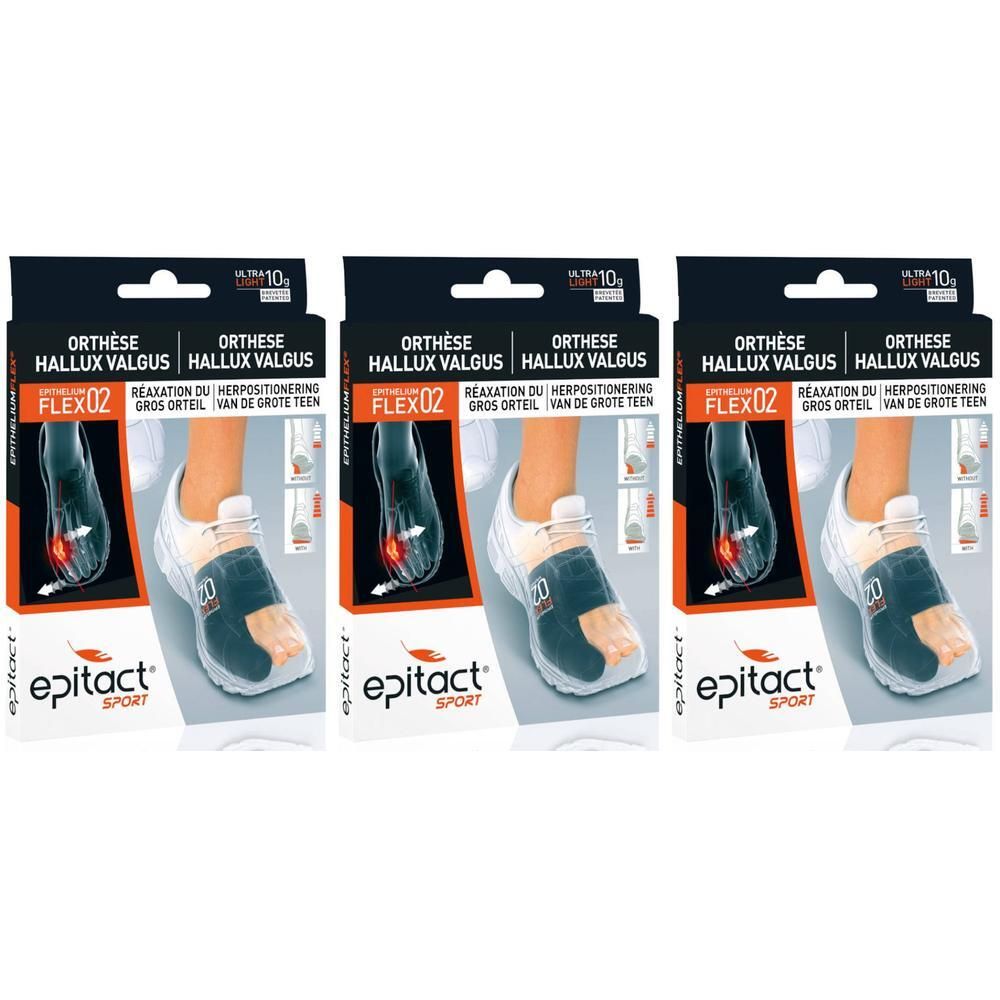 Drie verpakkingen Epitact® Sport Orthèse Hallux Valgus. Zwarte verpakking met productafbeelding en tekst. Flex 02.