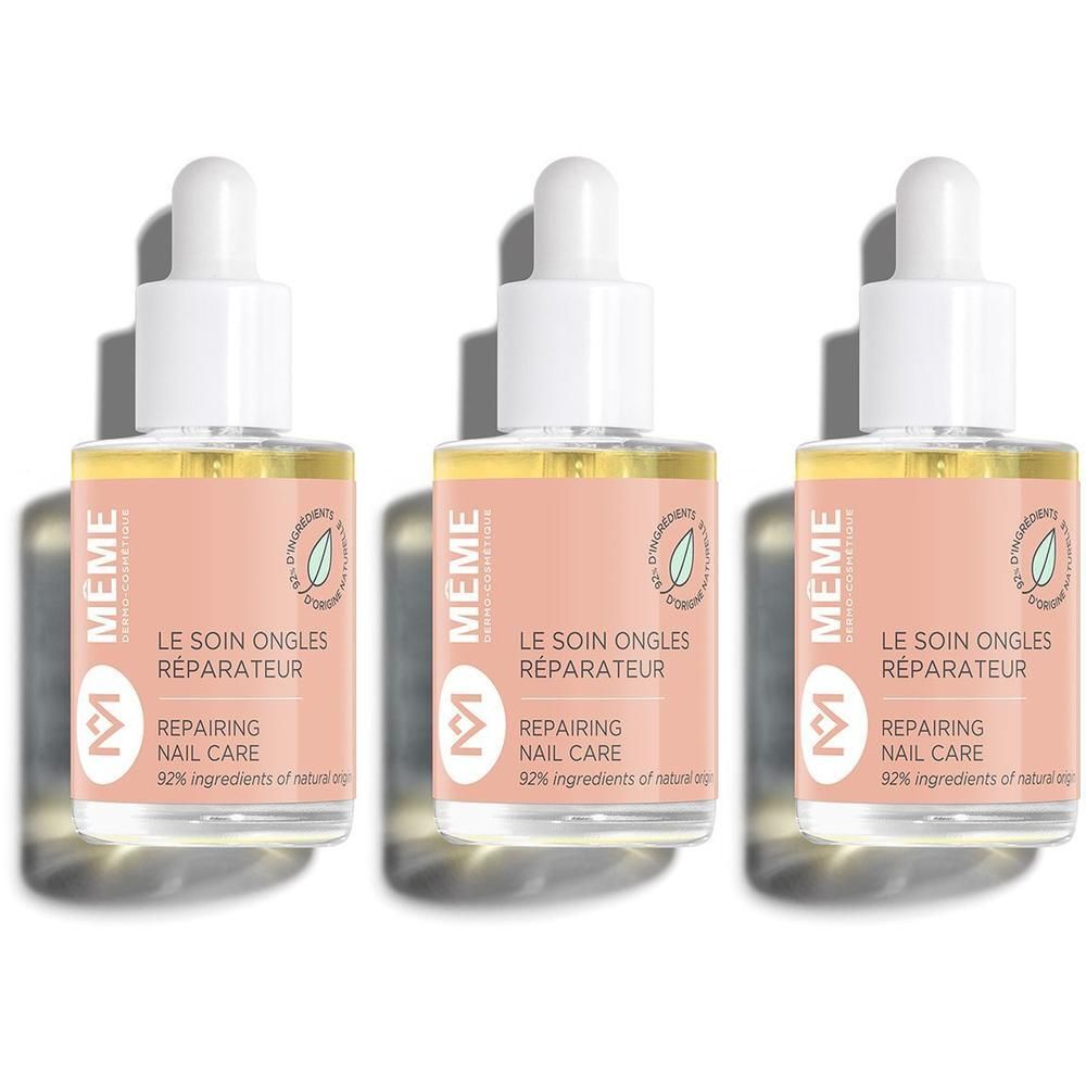 Trois flacons avec pipette. Étiquette rose avec texte: Le Soin Ongles Réparateur. 92% ingrédients d'origine naturelle.