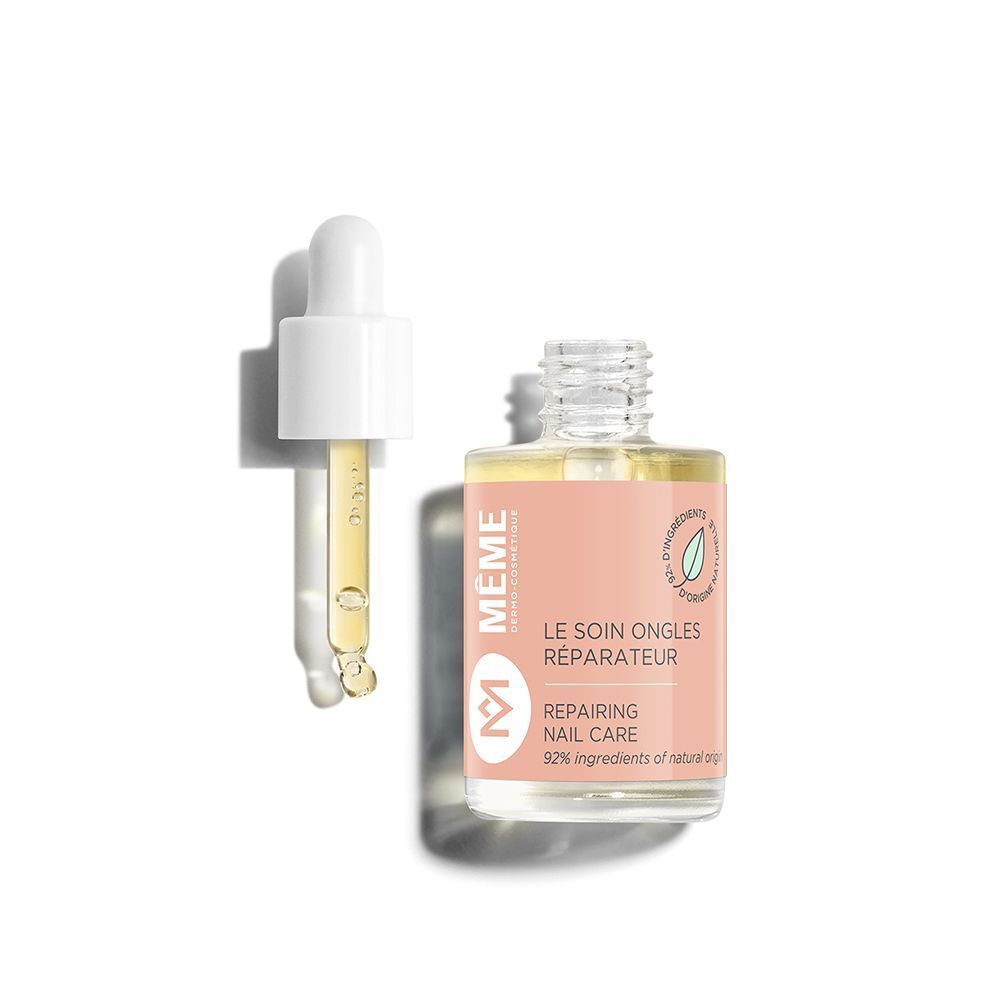 Un flacon avec pipette à côté. Étiquette rose avec texte: Le Soin Ongles Réparateur. 92% ingrédients d'origine naturelle.