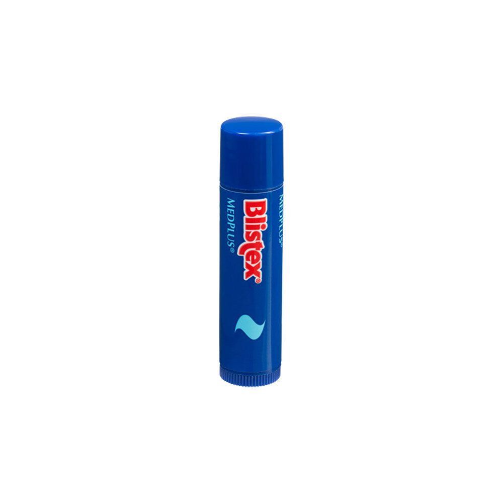 Blauwe lippenbalsem met rode Blistex en MedPlus. Blauwe dop. Turkoois golfsymbool.