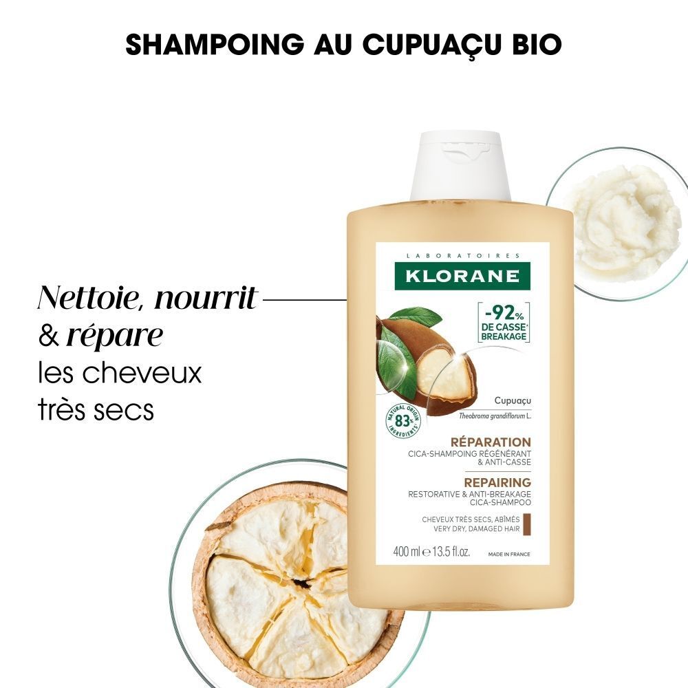 Shampoing Klorane au Cupuaçu Bio, 400ml. Bouteille avec fruit et graines de cupuaçu. Nettoie, nourrit et répare les cheveux très secs.