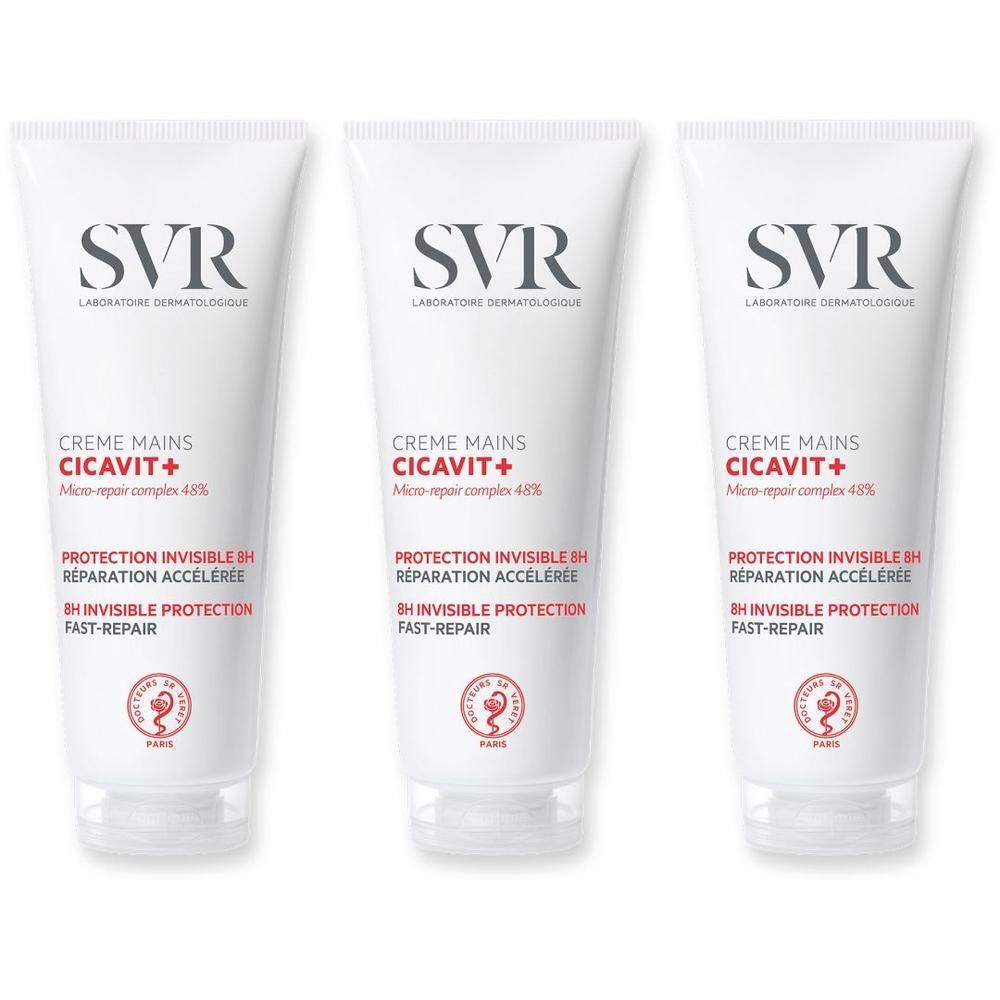 Trois tubes de SVR Cicavit+ Crème Mains. Tubes blancs avec texte rouge et gris. Logo SVR en haut.