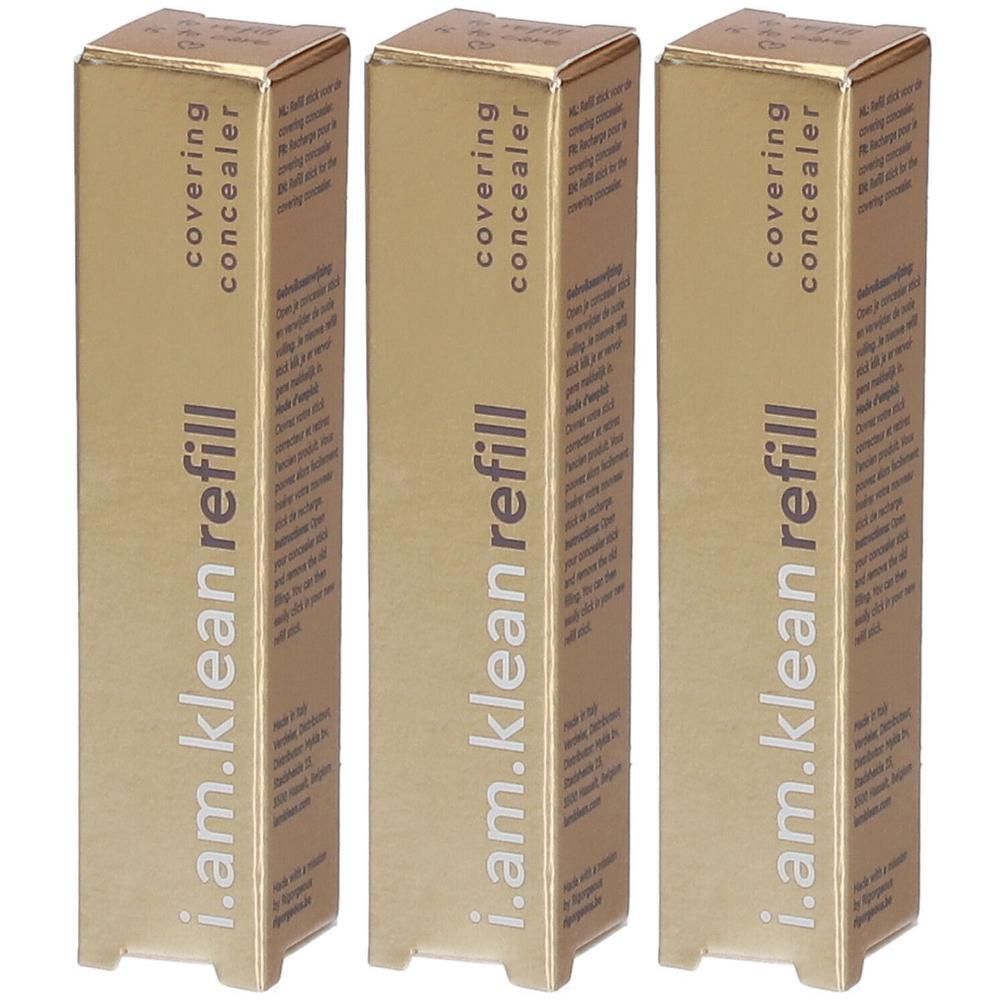 Drie goudkleurige dozen met de tekst i.am.klean refill, covering concealer. Verticale opstelling.