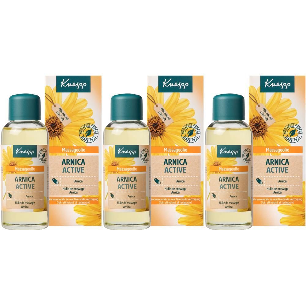 Drie flessen Kneipp Arnica Active massageolie met kartonnen verpakking, geel zonnebloemontwerp.