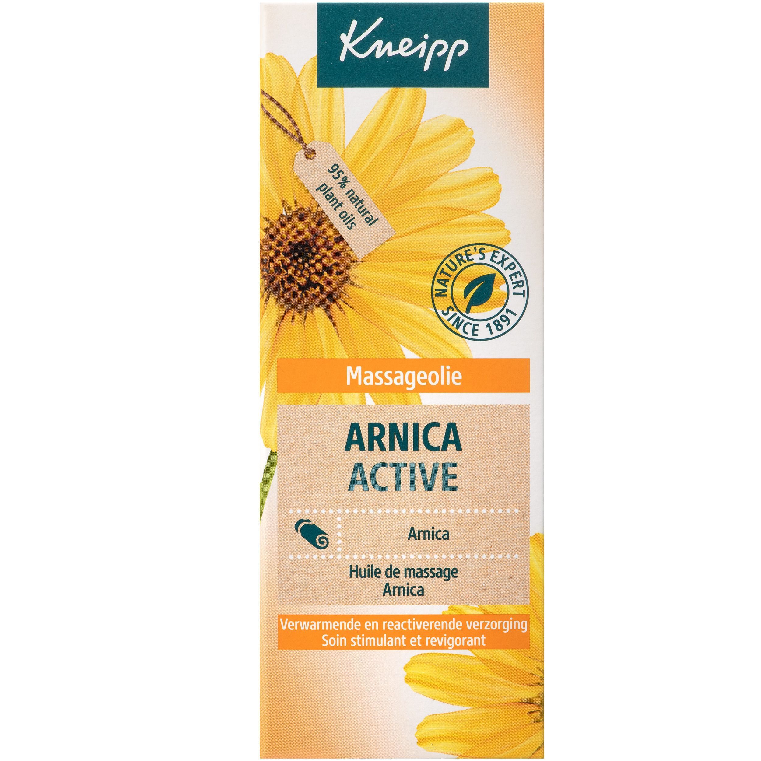 Emballage carton Kneipp Arnica Active huile de massage avec motif tournesol et sceaux.