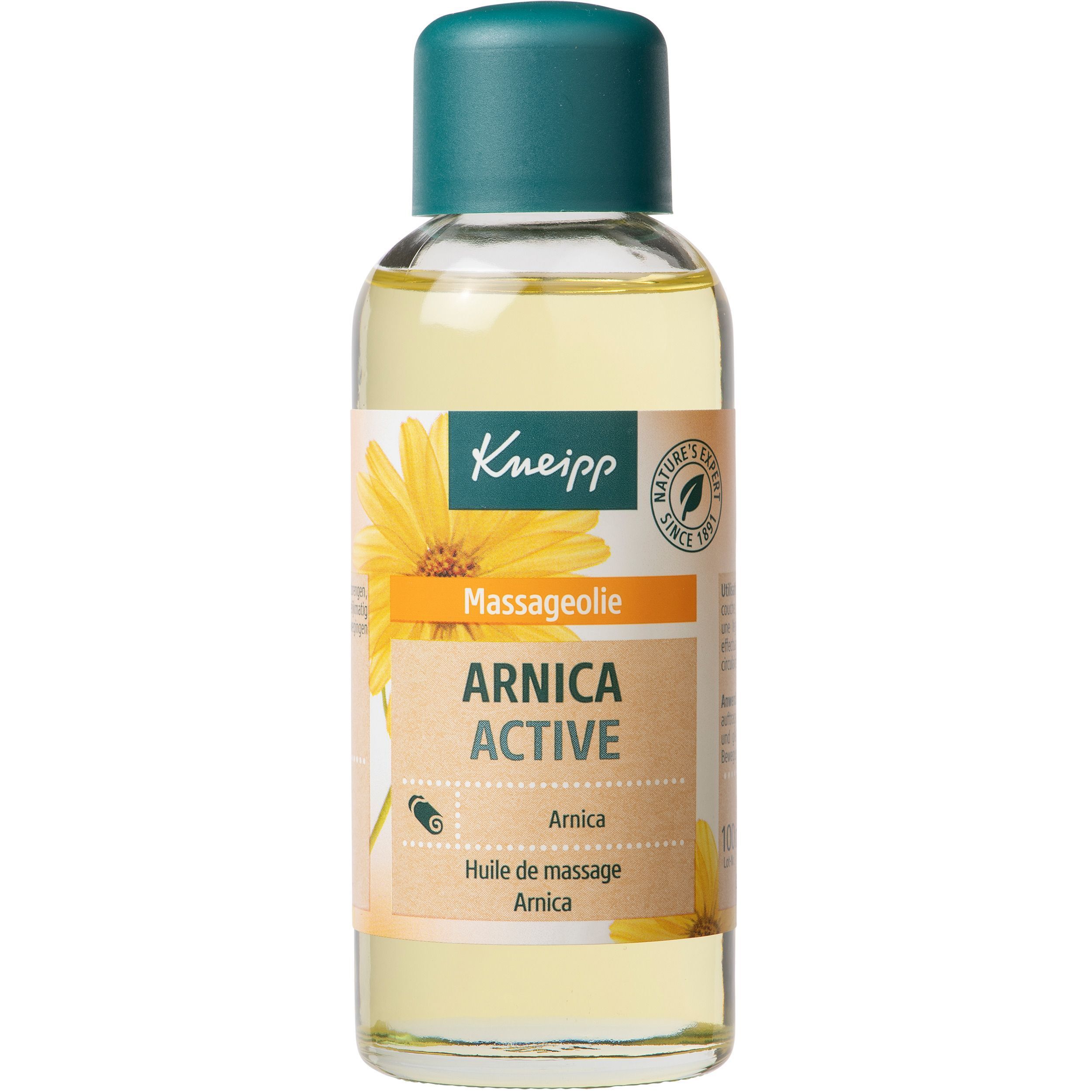 Flacon d'huile de massage Arnica Active Kneipp avec étiquette, tournesol jaune et sceau.