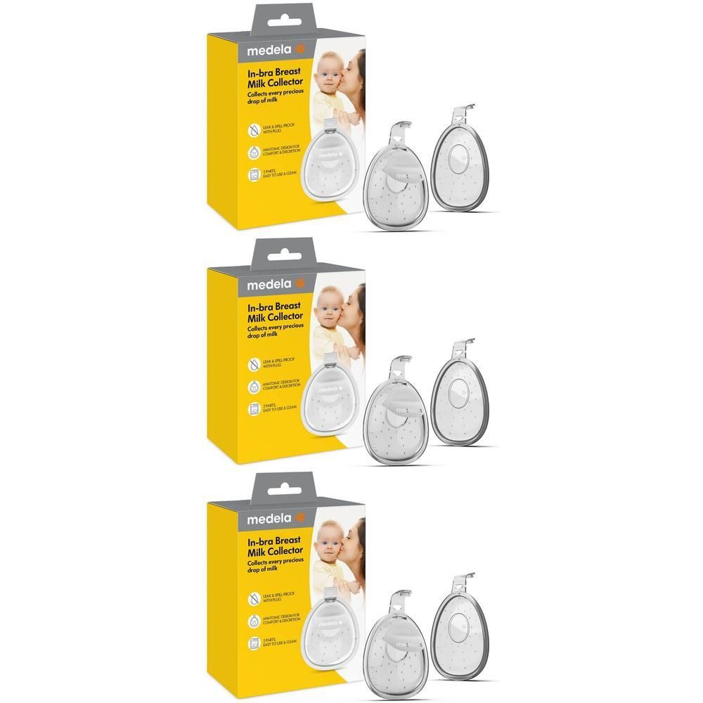 Drie gele dozen met Medela InBra Breast Milk Collector en twee transparante melkcollectoren.