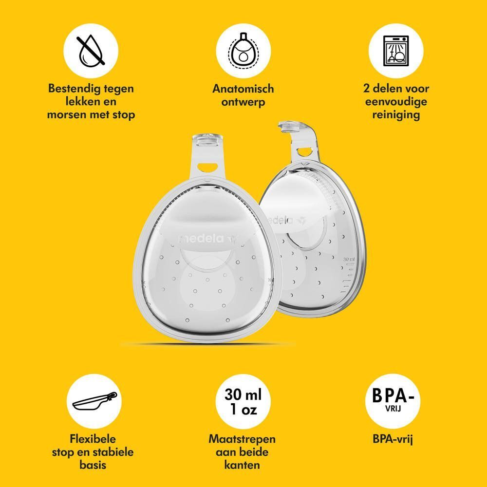 Twee transparante Medela InBra Breast Milk Collectors. Tekst: 30 ml, BPA-vrij, anatomisch.