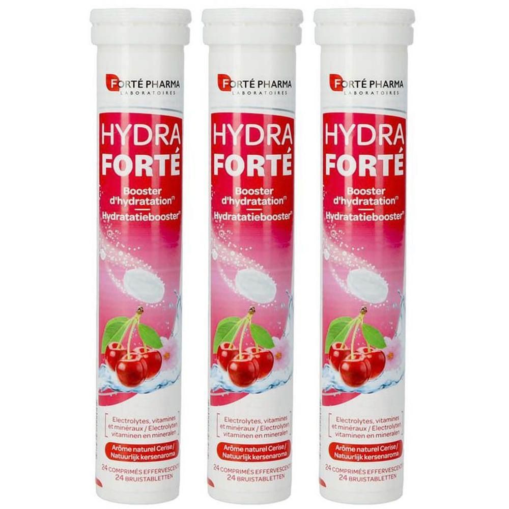 Trois tubes de Forté Pharma Hydra Forté. Emballage rouge et blanc avec cerises. Texte: Booster d'hydratation, 24 comprimés effervescents.