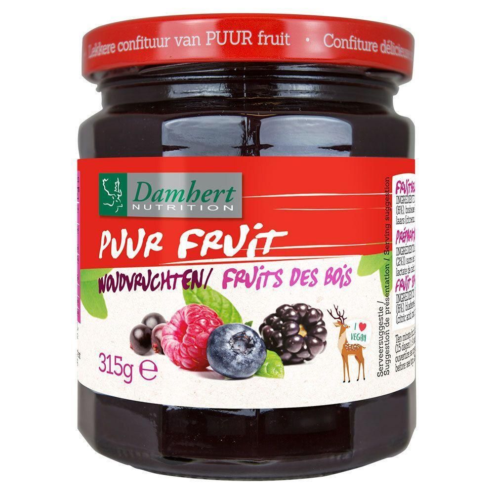 Pot de confiture Damhert. Couvercle rouge, étiquette rouge avec PUUR FRUIT, illustrations de fruits des bois et 315g.
