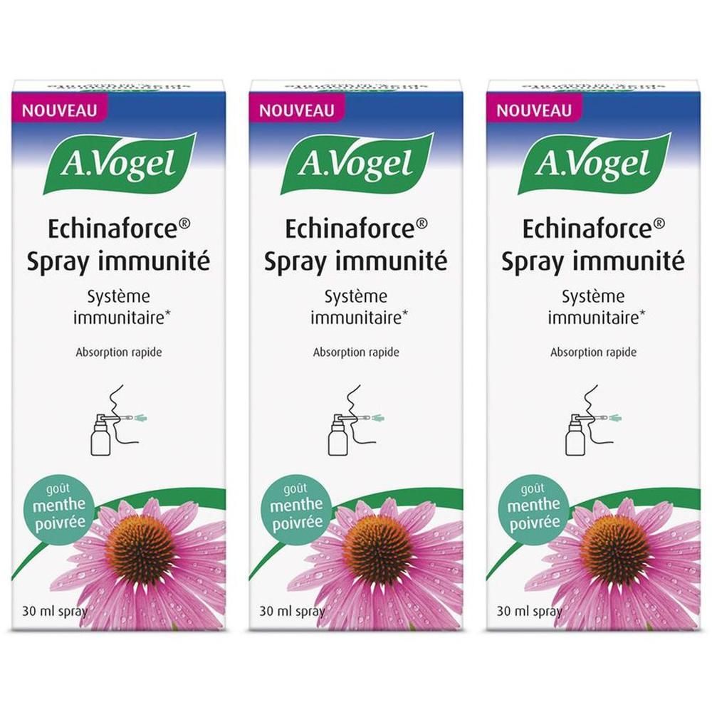Trois boîtes A.Vogel Echinaforce Spray Immunité. Sur chaque boîte : nom du produit, illustration, 30 ml.