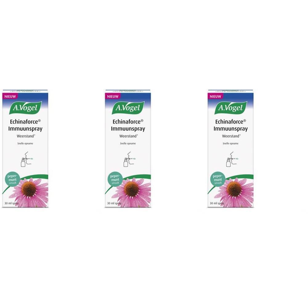 Drie dozen A.Vogel Echinaforce Immuunspray. Op elke doos: productnaam, illustratie, 30 ml.