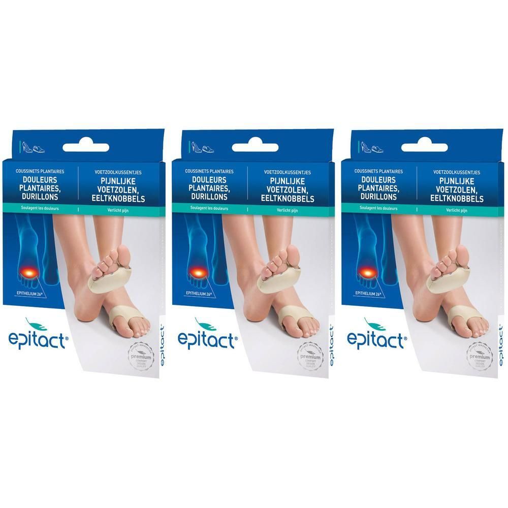 Trois boîtes de coussinets plantaires Epitact®. Chaque boîte présente un modèle de pied avec le produit. Texte: Douleurs Plantaires, Durillons.