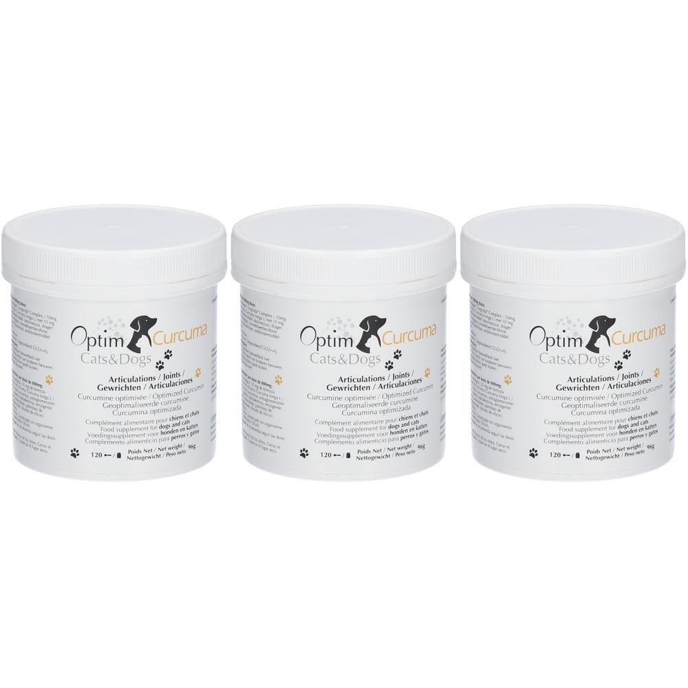 Trois pots blancs avec couvercles. Sur chaque pot, "Optim Curcuma Cats & Dogs". Texte multilingue. Image d'un chien et d'un chat.