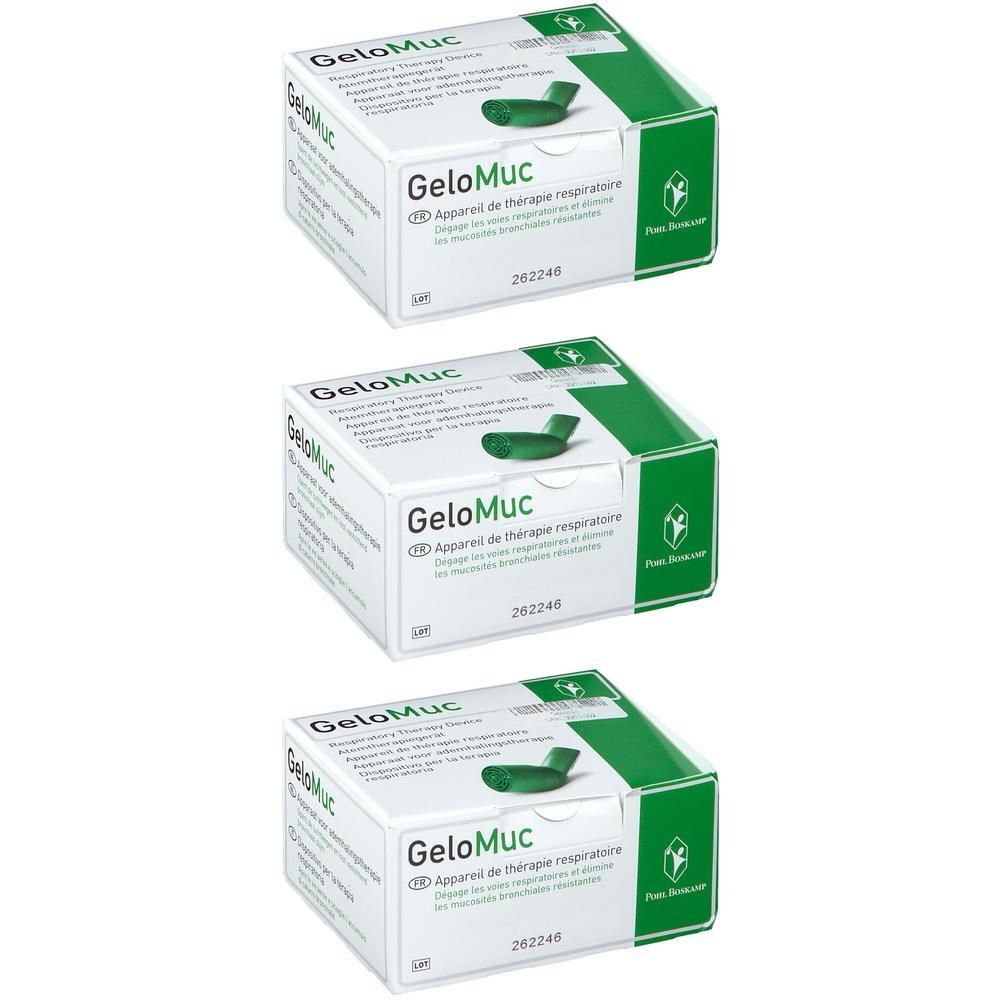 Trois boîtes de Gelomuc, appareil de thérapie respiratoire. Boîtes blanches avec accents verts et illustration du produit.