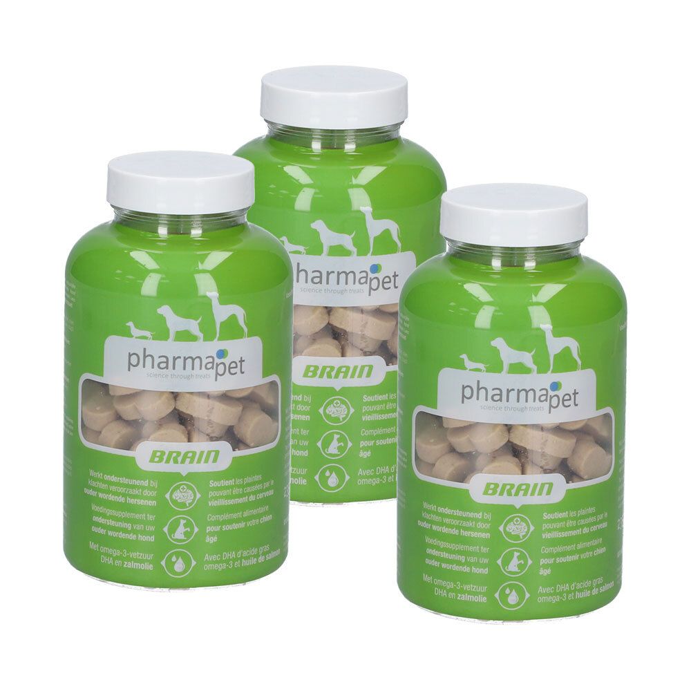 Trois flacons verts avec des couvercles blancs. Chaque flacon porte l'inscription "pharmapet BRAIN". Les flacons contiennent des comprimés.