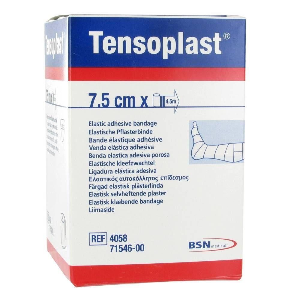 Verpakking van Tensoplast bandage. Opschrift: 7,5 cm x 4,5 m. Productnaam en afmetingen duidelijk zichtbaar.