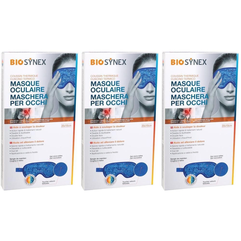Trois boîtes de BIOSYNEX Masque Oculaire. Masque bleu pour les yeux sur l'emballage. Texte: Masque Oculaire, Thermique, Maschera per occhi.