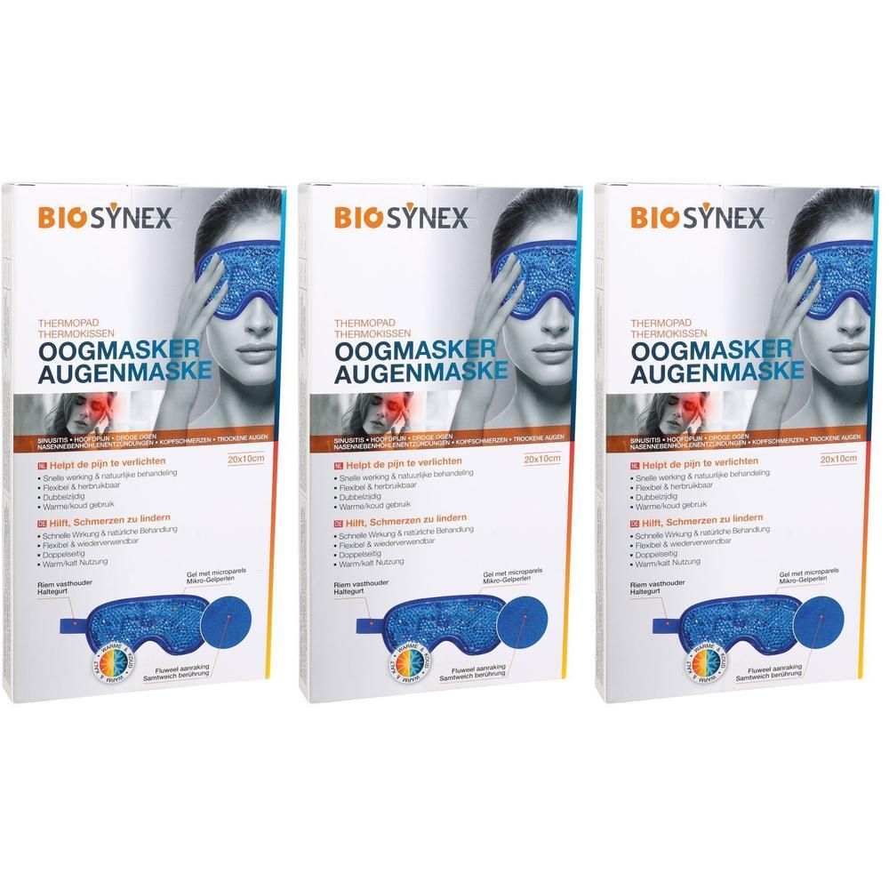 Drie dozen BIOSYNEX Oogmasker. Blauw oogmasker afgebeeld op de verpakking. Tekst: Oogmasker, Thermopro, Augenmaske.