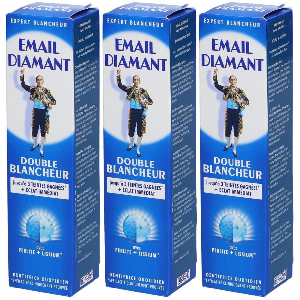 Drie blauwe dozen tandpasta. Opschrift: EMAIL DIAMANT DOUBLE BLANCHEUR. Afbeelding van een man.