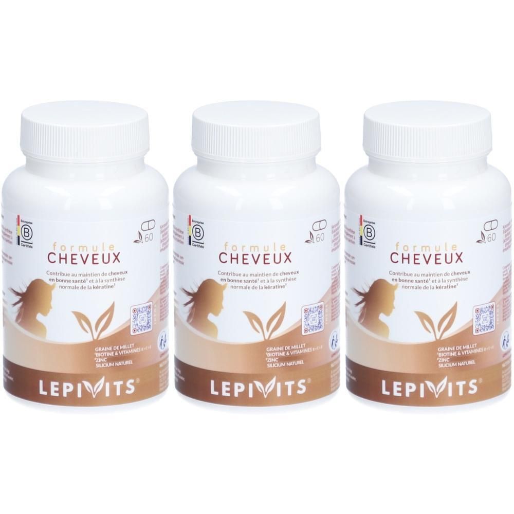 Drie flessen Lepivits Formule Cheveux, voedingssupplement voor haar, 60 capsules.