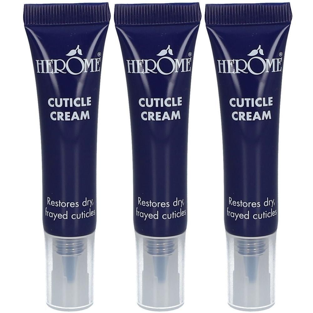Drie tubes HEROME® CRÈME CUTICULES. Blauwe tubes met witte tekst. Opschrift: CUTICLE CREAM. Restores dry, frayed cuticles.