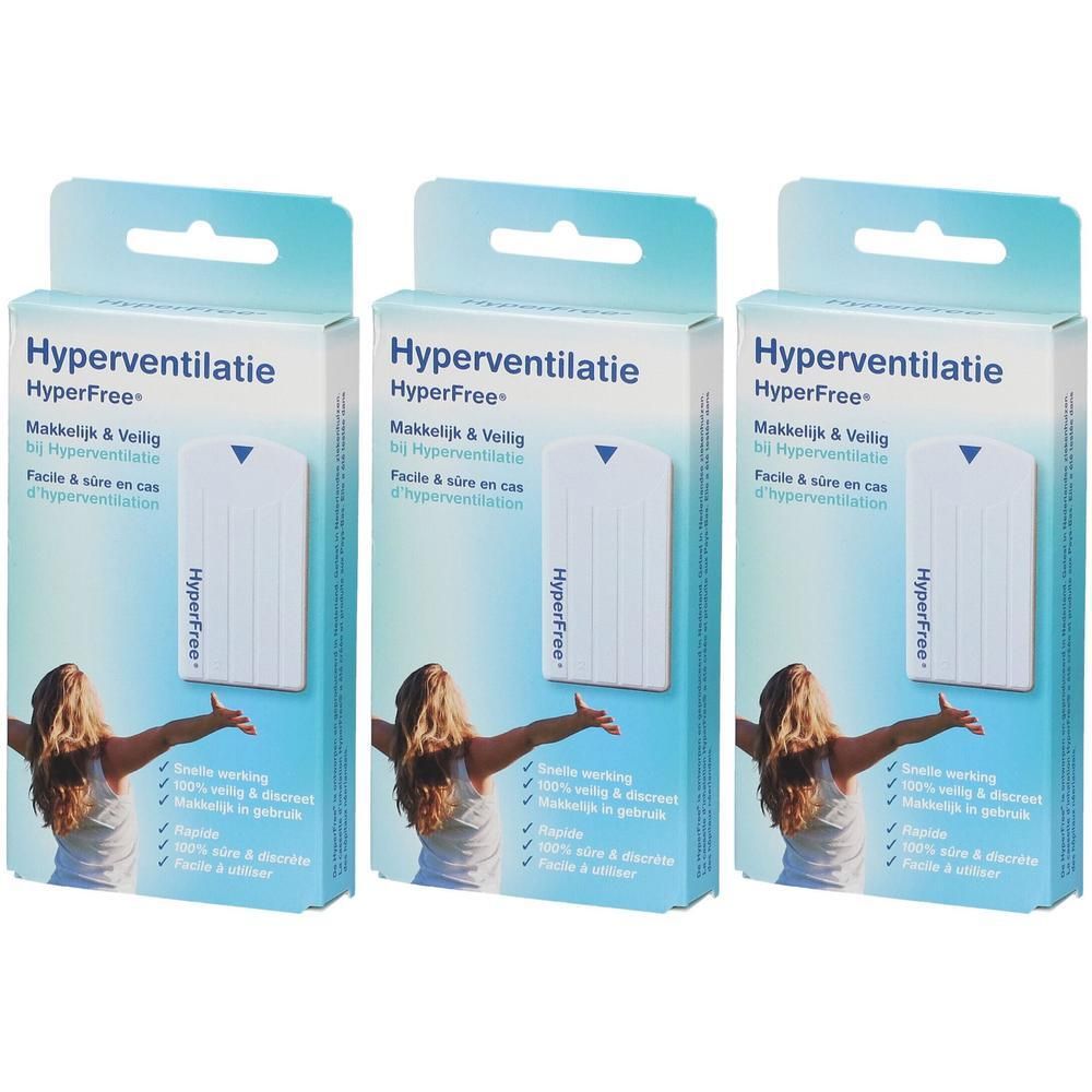 Drie verpakkingen van HyperFree Hyperventilatie. Witte verpakking met productnaam en afbeelding van een vrouw met opgeheven armen.