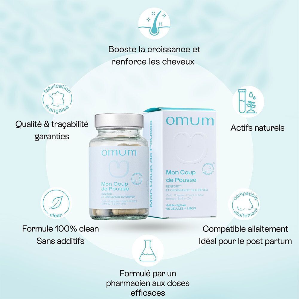 Flacon et boîte Omum Mon Coup de Pousse. Texte: Formule 100% clean. Actifs naturels. Compatible allaitement.
