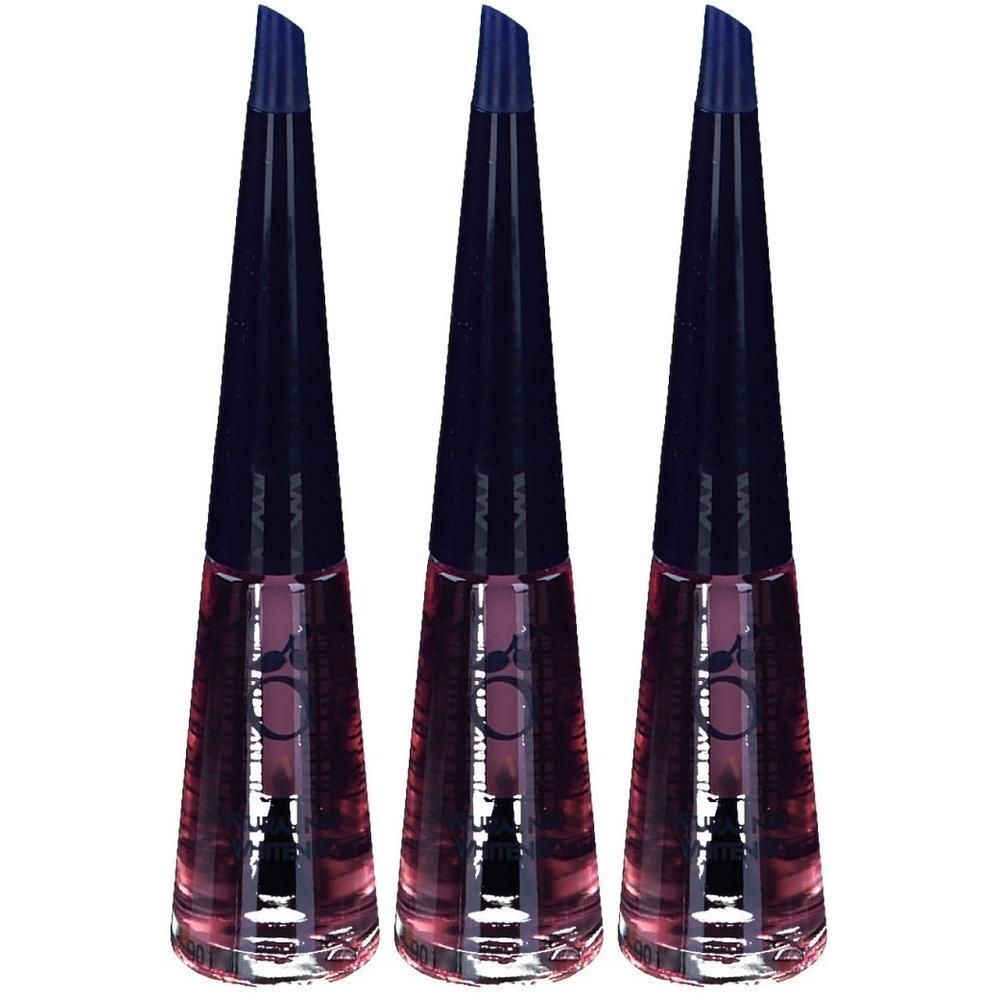 Trois flacons de vernis à ongles roses avec bouchons bleu foncé. Forme conique, verre transparent. Inscription illisible.