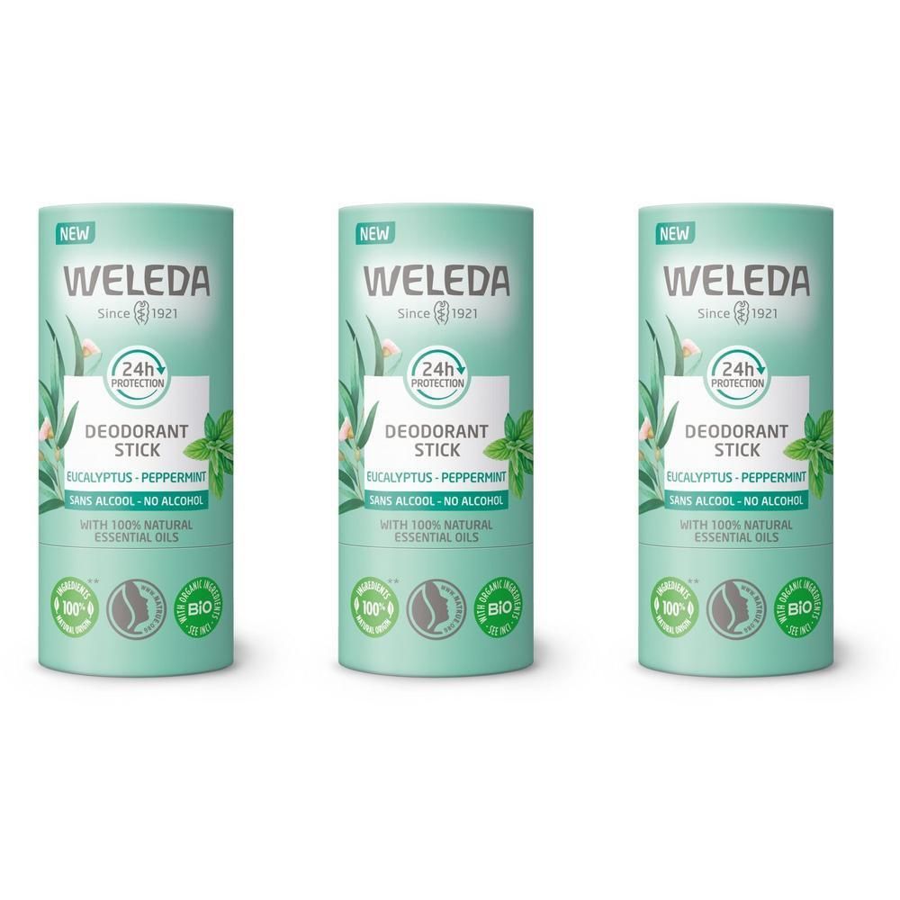 Drie cilindrische deodorant sticks. Opschrift: WELEDA, 24H Protection, Eucalyptus-Pepermunt, zonder alcohol, met essentiële oliën. Bio-label.