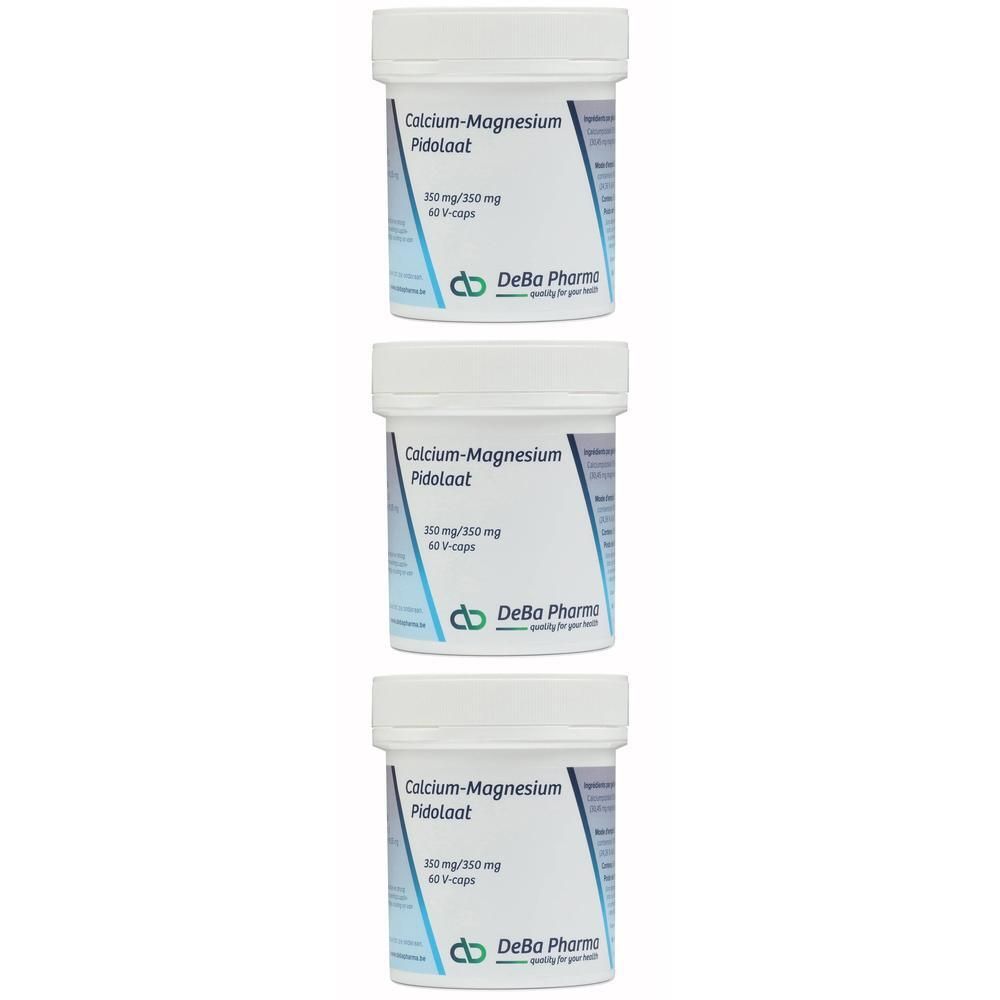 Trois flacons blancs avec étiquettes bleues et blanches. Inscription : Calcium-Magnesium Pidoloot, 350mg/350mg, 60 V-caps. Logo DeBa Pharma.