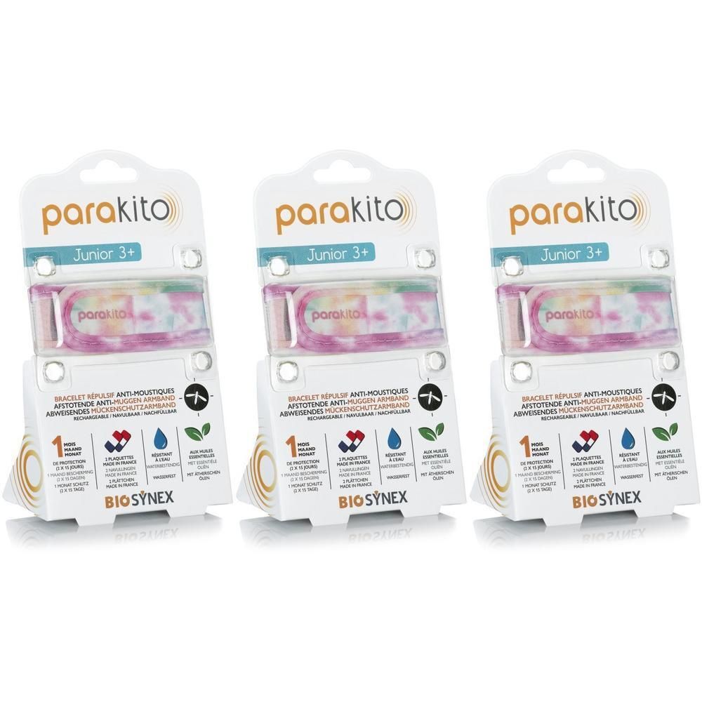 Drie verpakte ParaKito Junior 3+ armbanden. Kleurrijke armbanden met tekst. Verpakking met logo's en tekst: BIOSYNEX, Junior 3+.
