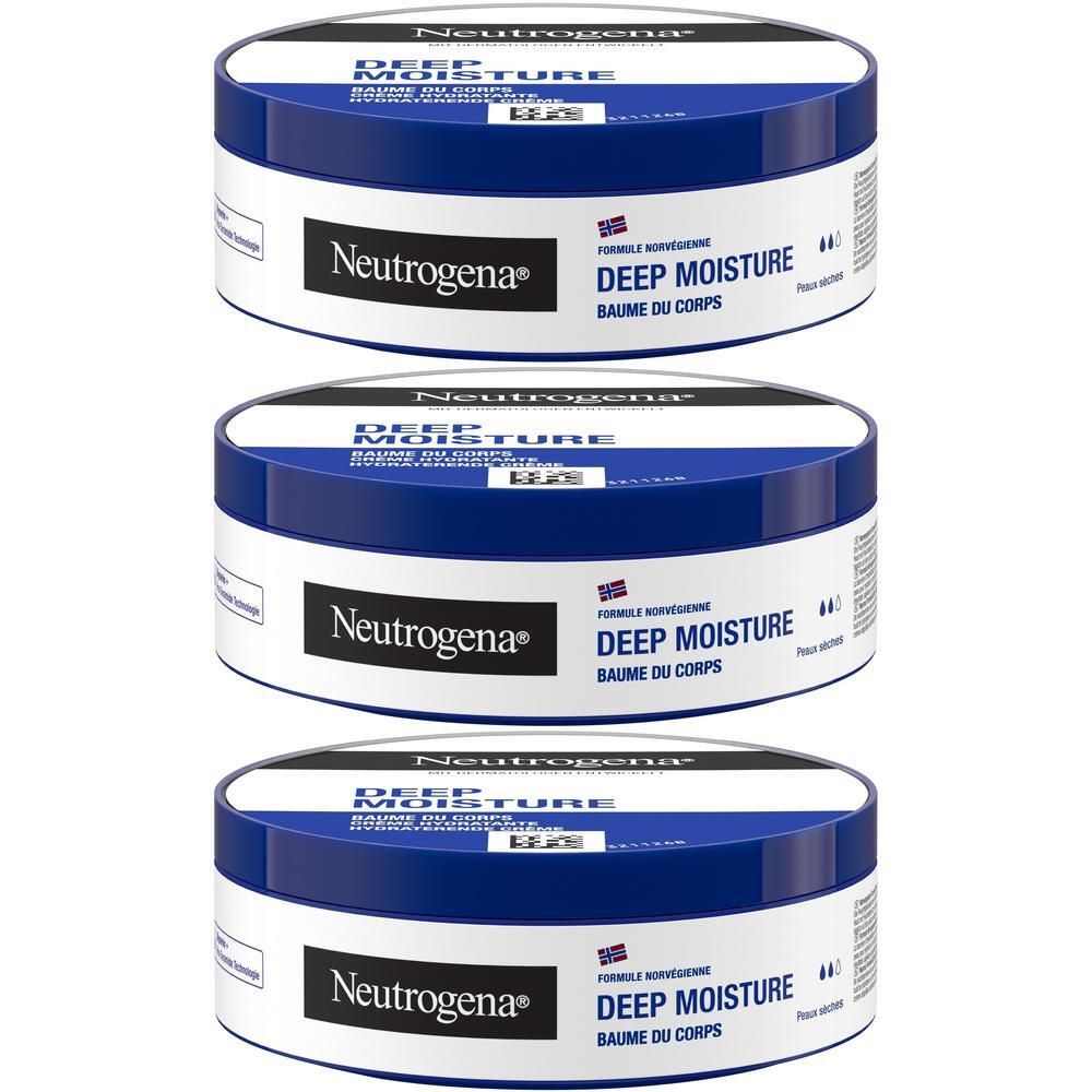 Trois pots de crème, bleu et blanc. Inscription : Deep Moisture. Marque : Neutrogena.