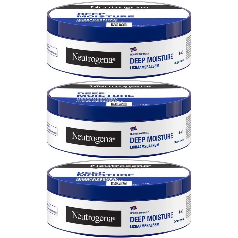 Drie crèmepotten, blauw en wit. Opschrift: Deep Moisture. Merk: Neutrogena.