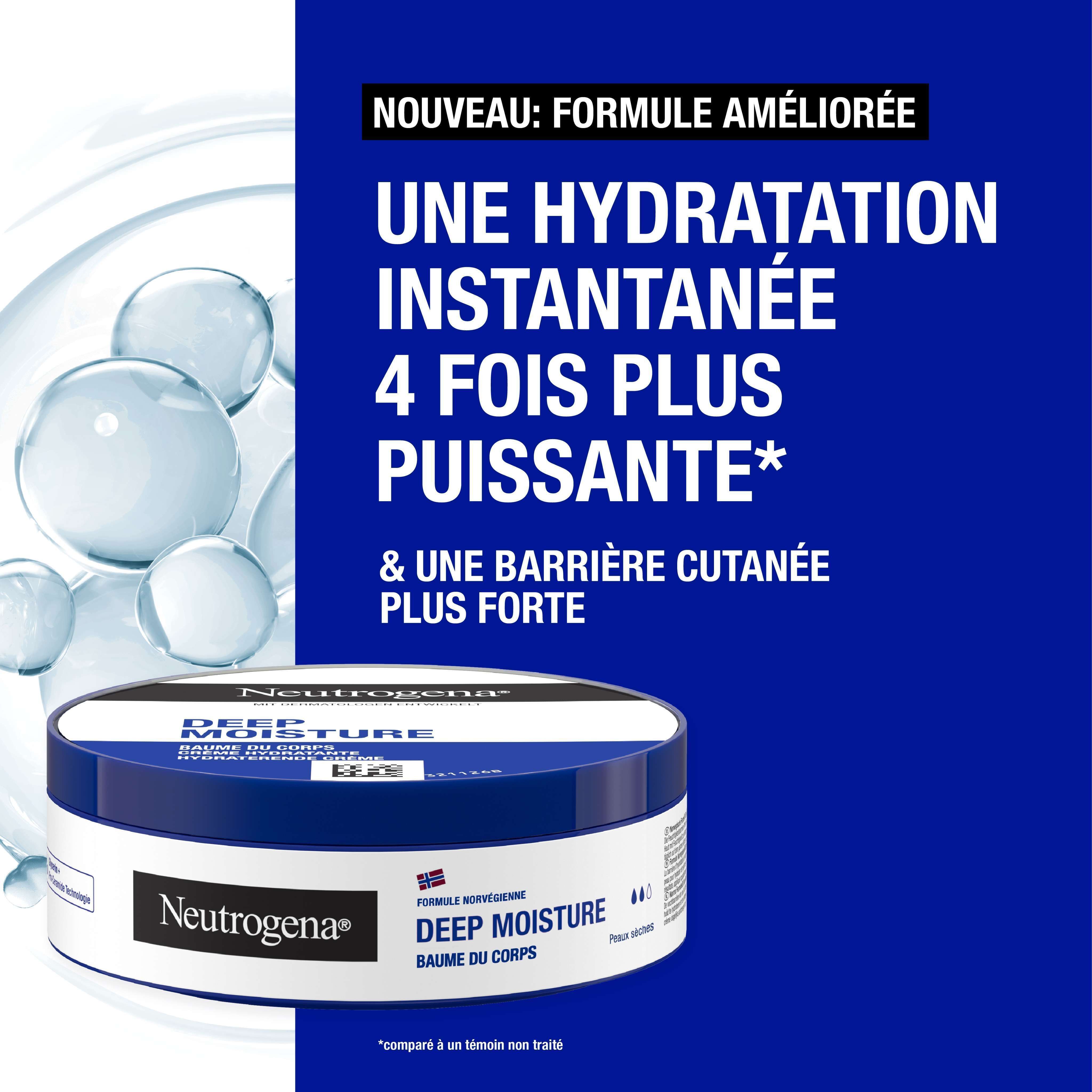 Emballage du produit avec texte : Nouvelle formule, hydratation instantanée, 4x plus puissante. Neutrogena Deep Moisture.