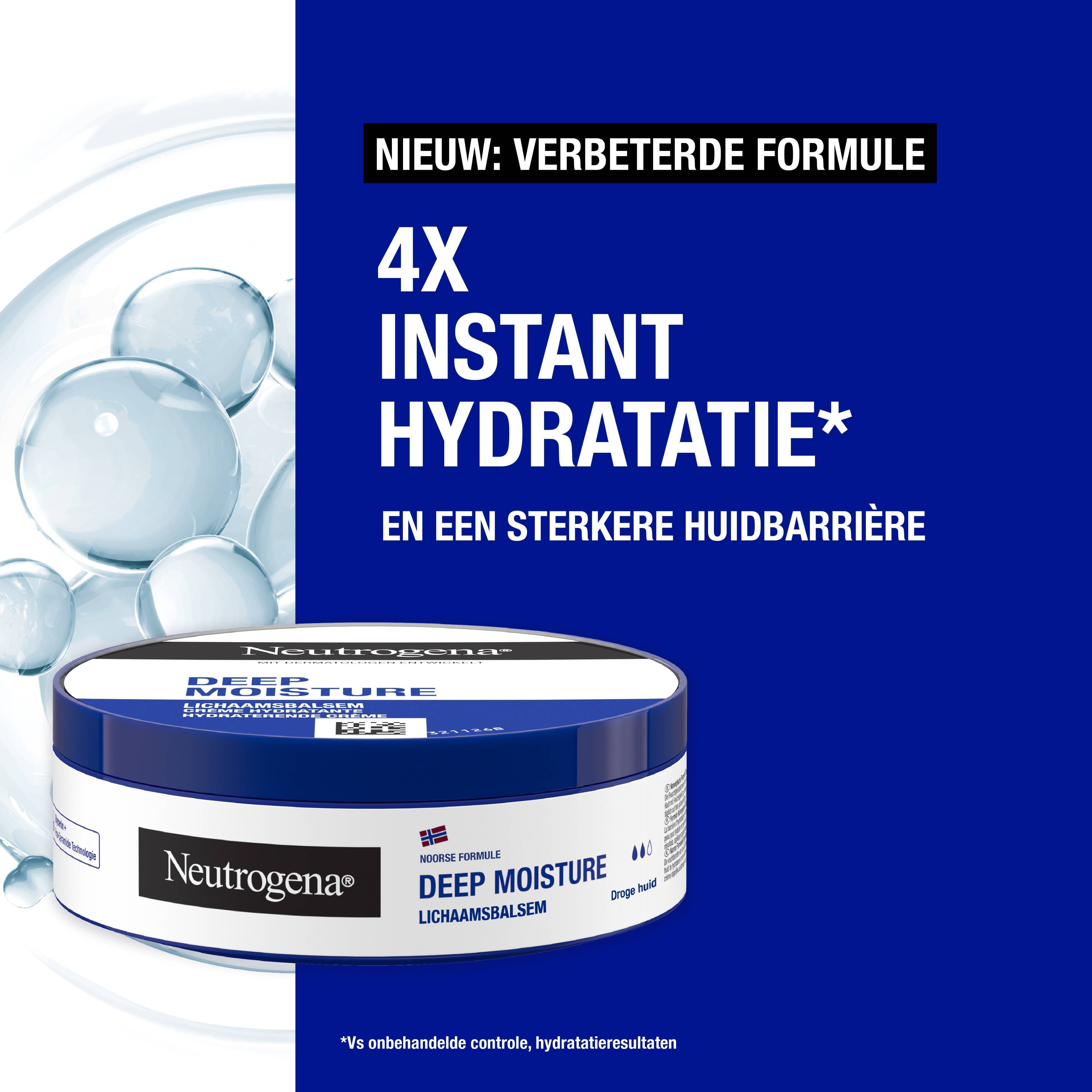 Productverpakking met tekst: Nieuwe formule, onmiddellijke hydratatie, 4x sterker. Neutrogena Deep Moisture.