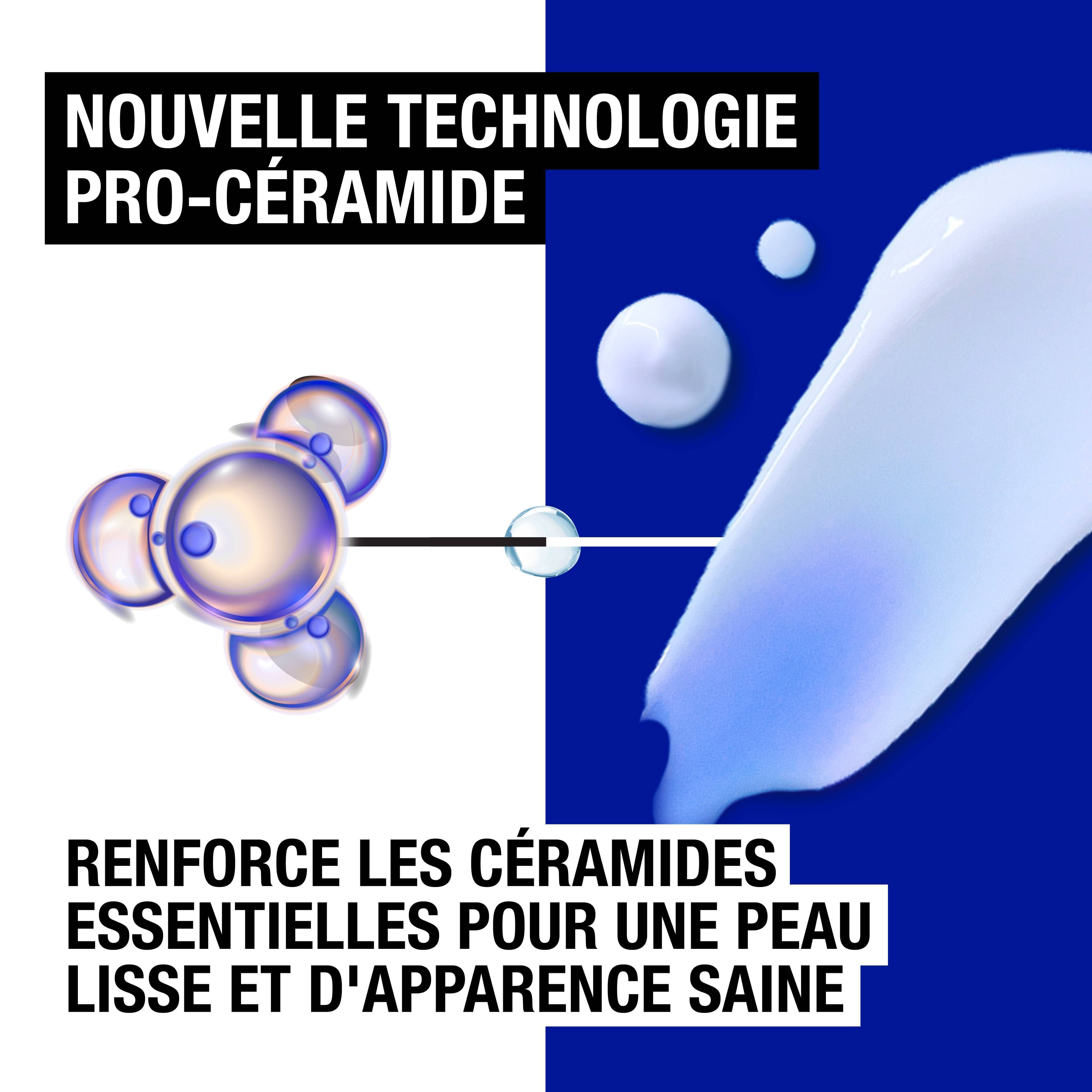 Graphique : Nouvelle technologie Pro-Céramide. Illustration de molécules et de crème. Texte : Pour une peau lisse et saine.